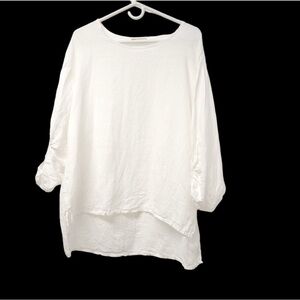 Bellambia Womens Linen 3/4 Sleeve Round Neck Top Size L Hi Low Hem White